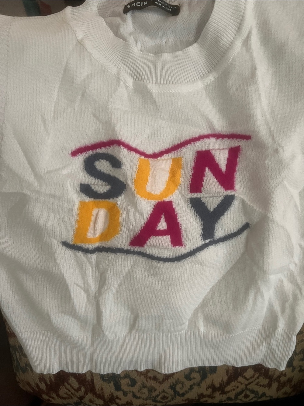 SHEIN White "SUNDAY" Knit Sweater with Yellow, Pink and Charcoal Letters